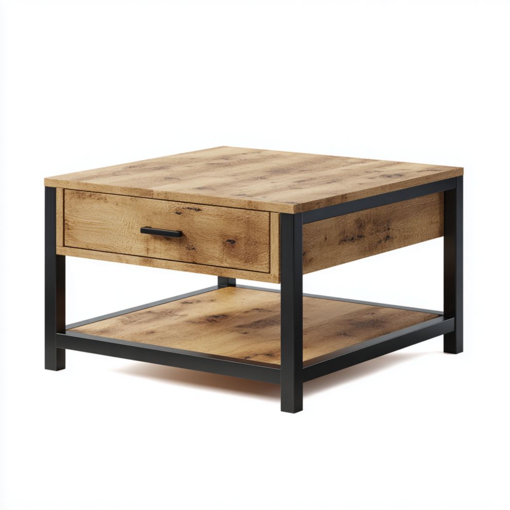 Table basse carrée industrielle en bois et métal avec tiroir