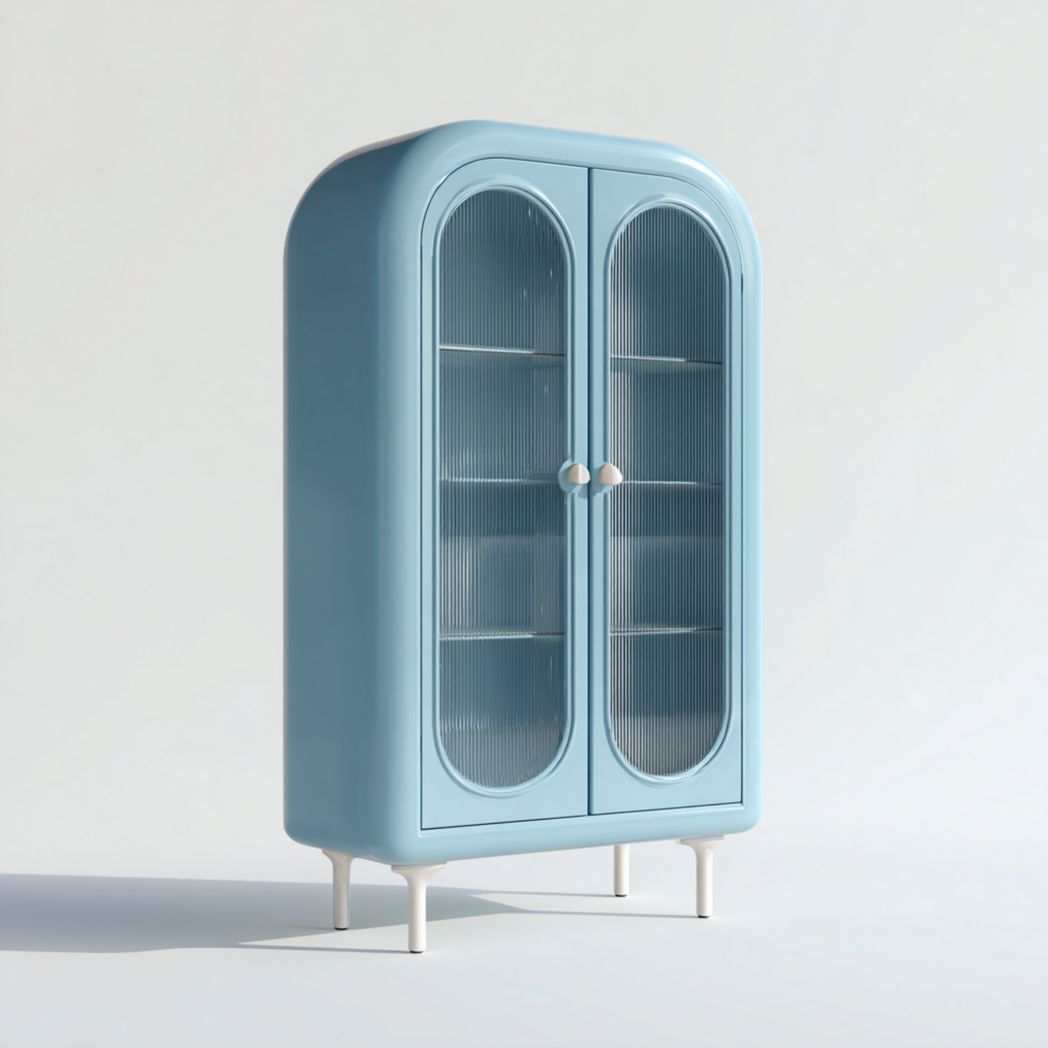 Vitrine de rangement moderne bleu clair à portes transparentes et forme arrondie