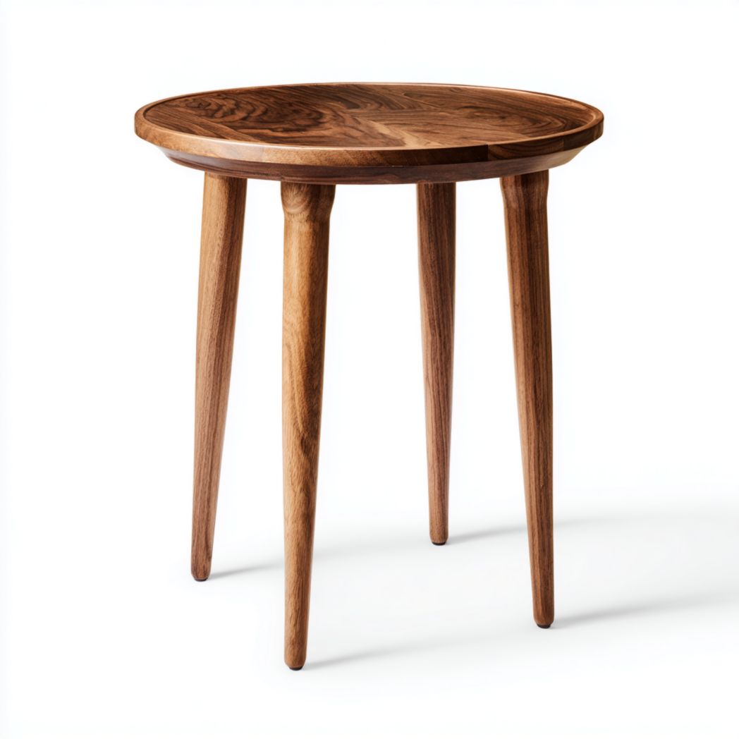 Table d’appoint ronde à quatre pieds en bois brun clair