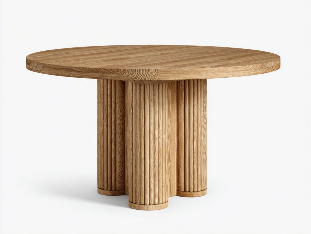 Table à manger ronde en chêne massif – Base à colonnes en bois brun clair