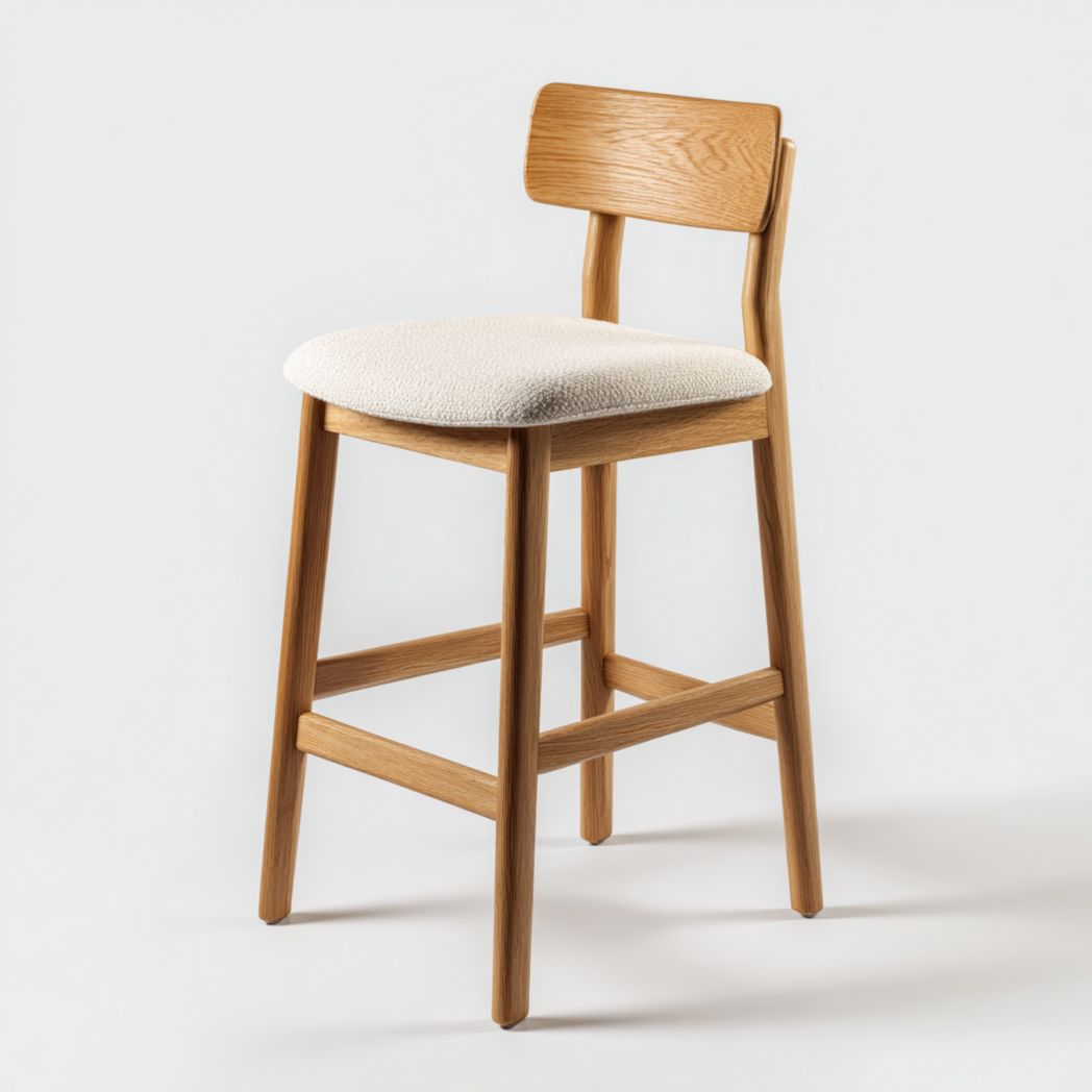 Tabouret de bar en bois avec dossier et assise rembourrée en tissu bouclé