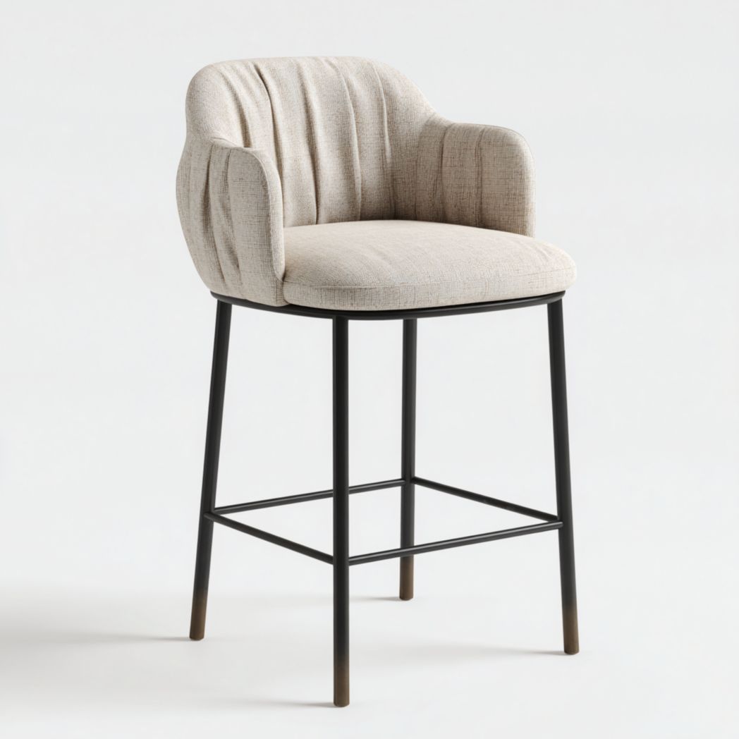 Tabouret de bar en tissu beige et structure en métal noir