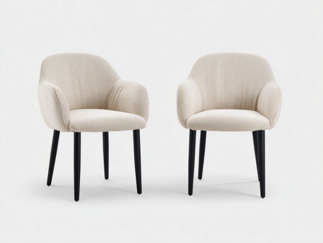 Lot de 2 chaises de salle à manger avec dossier arrondi en tissu beige clair et pieds en bois noir