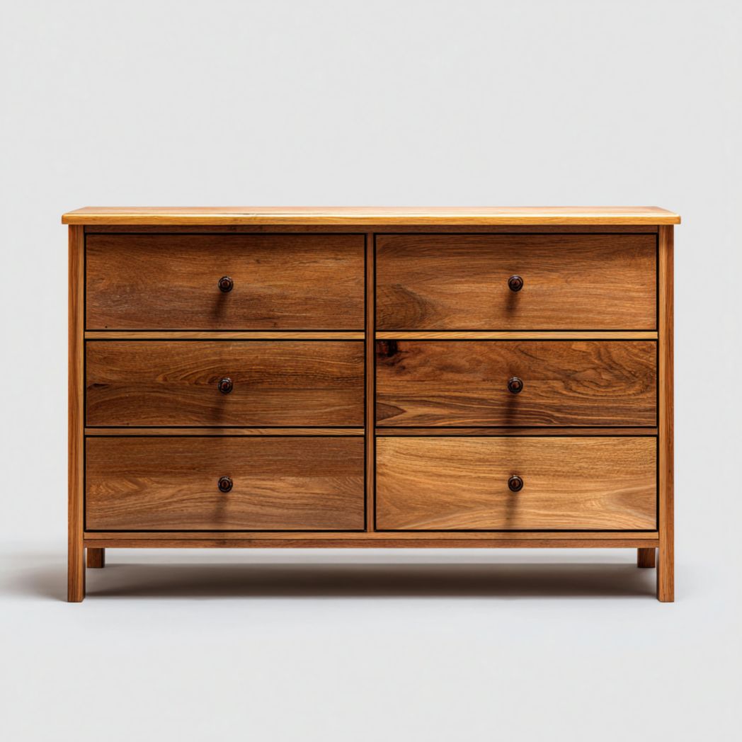 Commode à six tiroirs en noyer avec poignées en métal