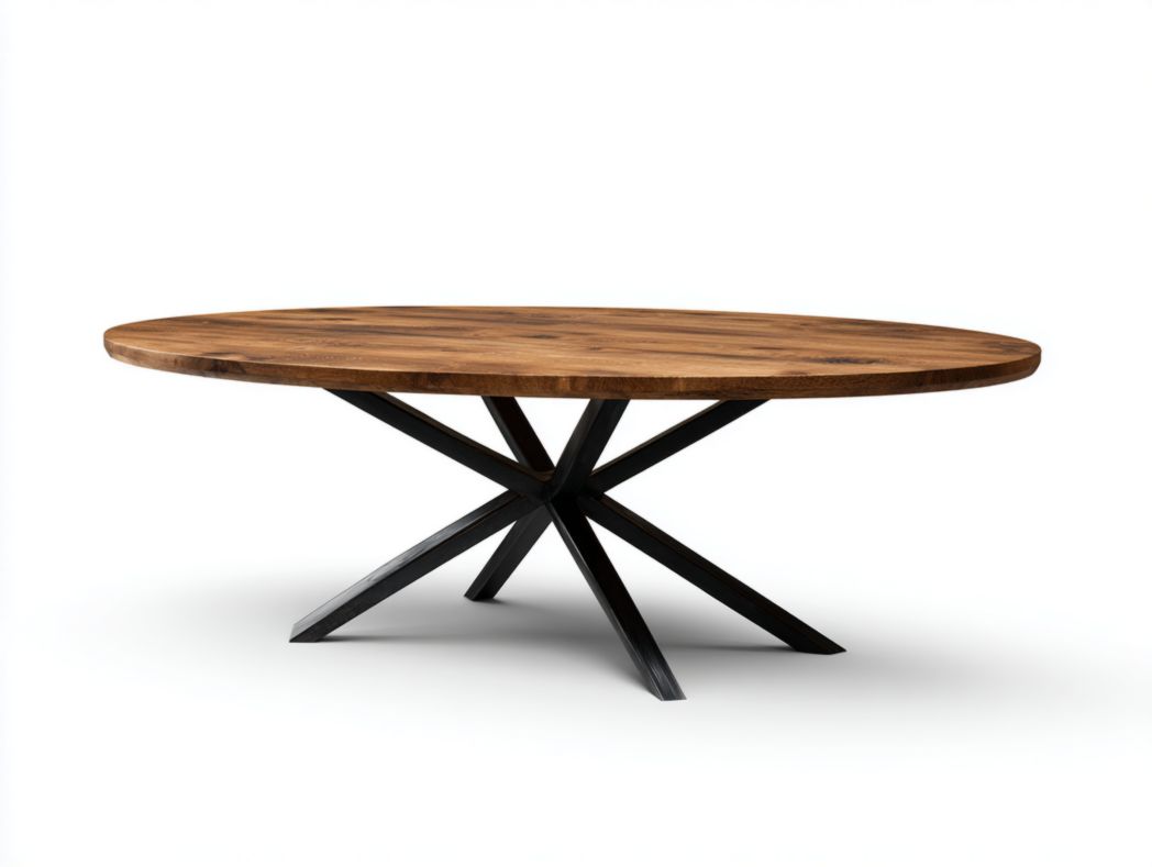 Table à manger ronde en bois et métal – Plateau brun, base noire