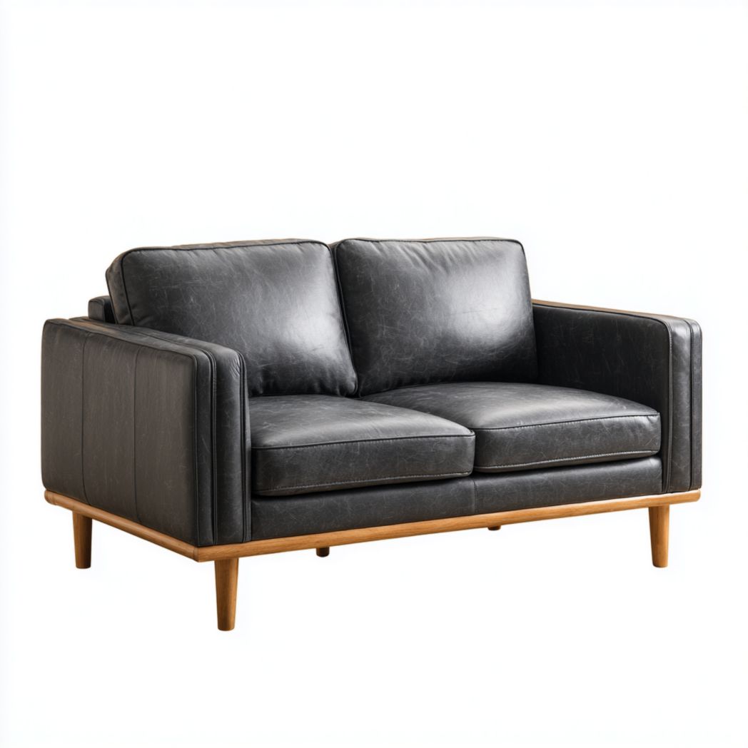 Canapé 2 places en cuir noir avec base marron clair