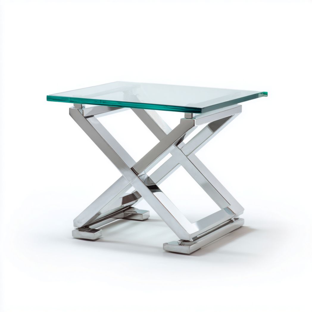 Table d’appoint avec plateau en verre et base croisée argentée