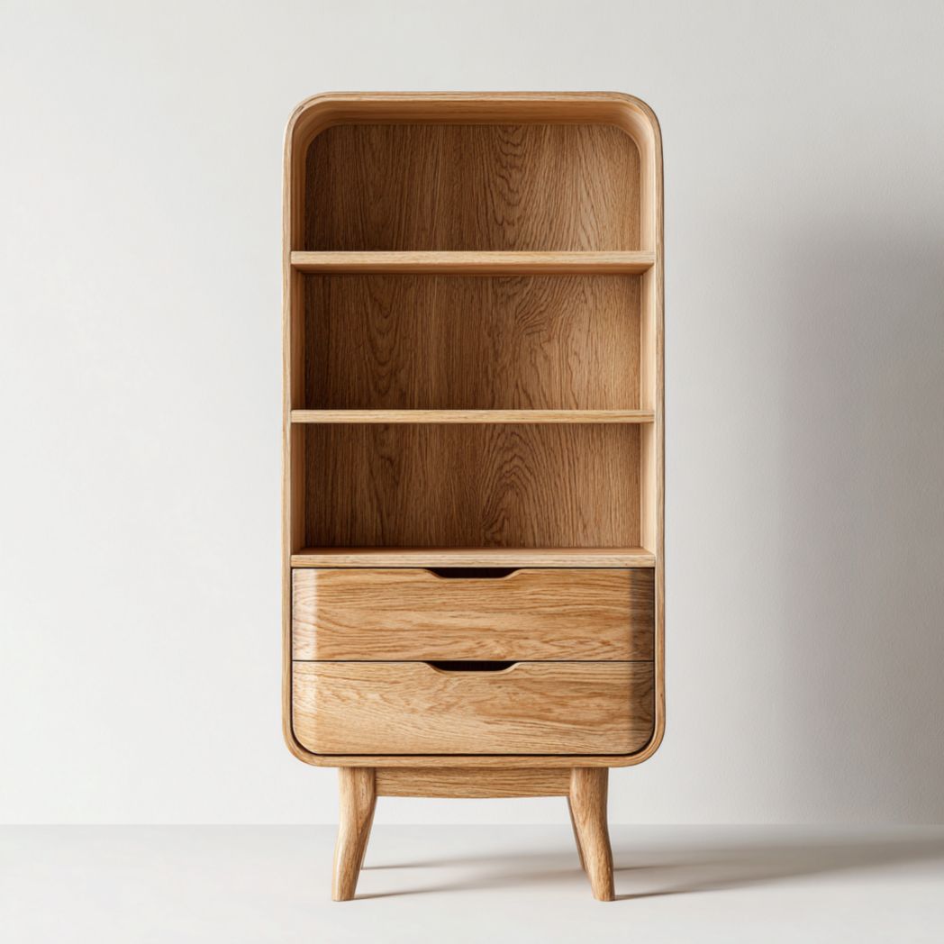 Bibliothèque en bois avec bords arrondis et deux tiroirs de rangement