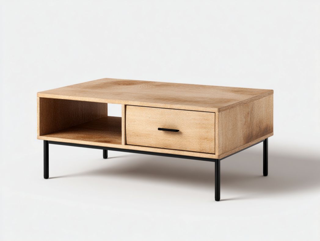 Table basse en bois clair avec tiroir et pieds en métal noir