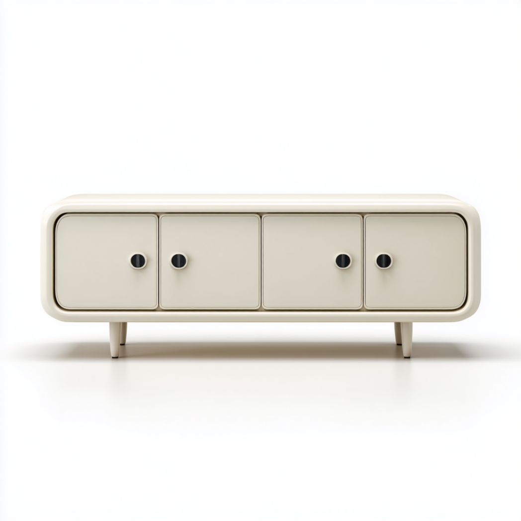 Meuble TV blanc cassé à coins arrondis – Quatre portes avec poignées noires