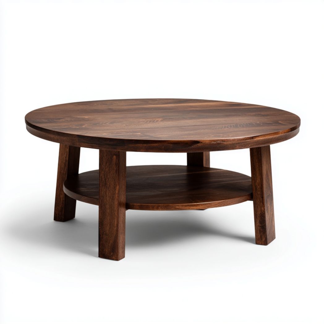 Table basse ronde en bois massif avec étagère de rangement