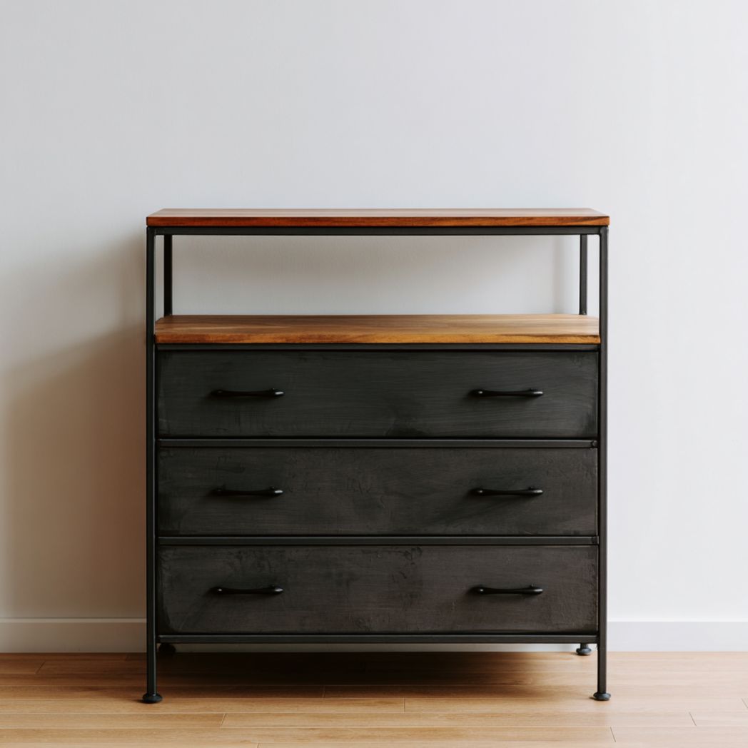 Commode à trois tiroirs en métal noir et bois marron avec poignées noires