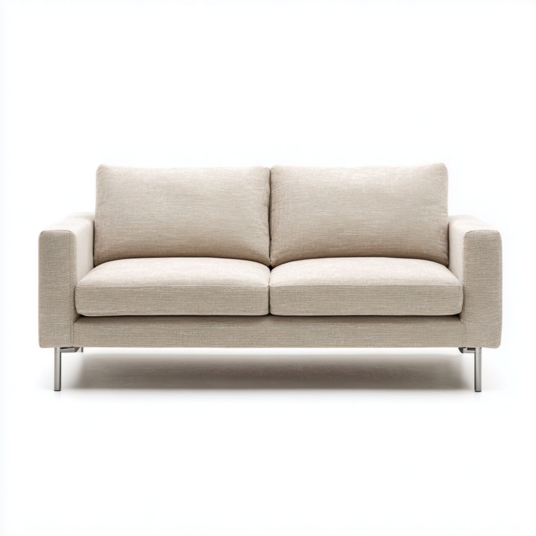 Canapé 2 places en tissu beige clair avec base en métal argenté