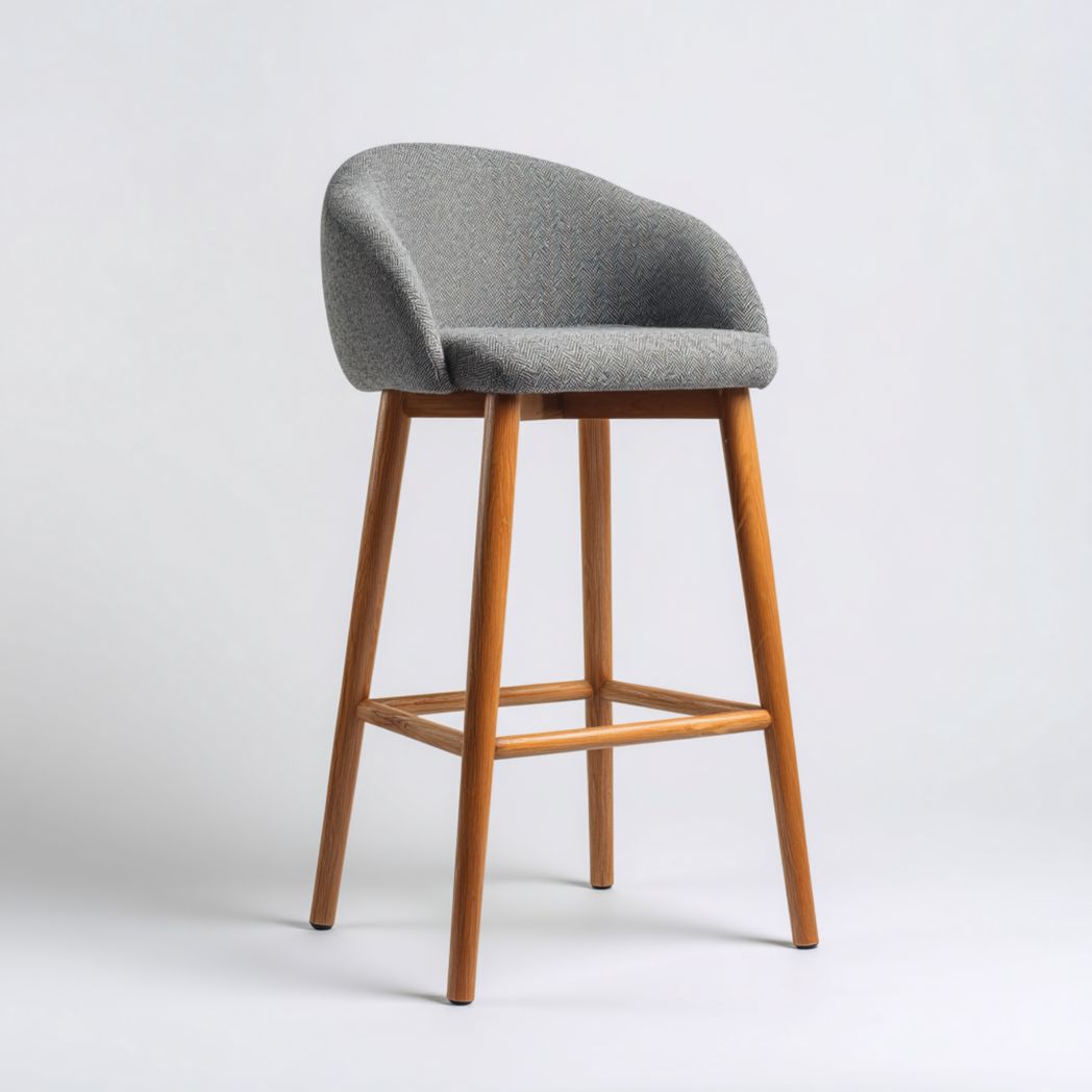 Tabouret de bar en bois avec dossier et assise rembourrée en tissu à chevrons