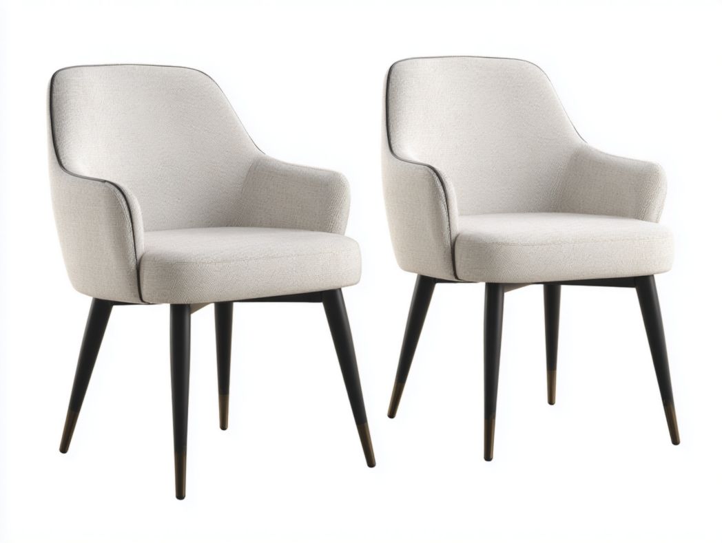 Lot de 2 chaises de salle à manger en tissu beige clair avec pieds noirs et embouts cuivrés