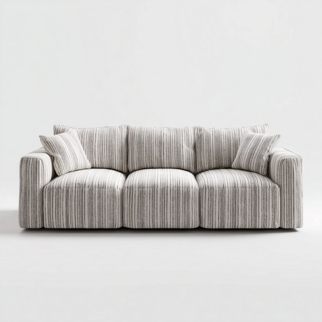 Canapé 3 places en tissu à rayures avec deux coussins assortis