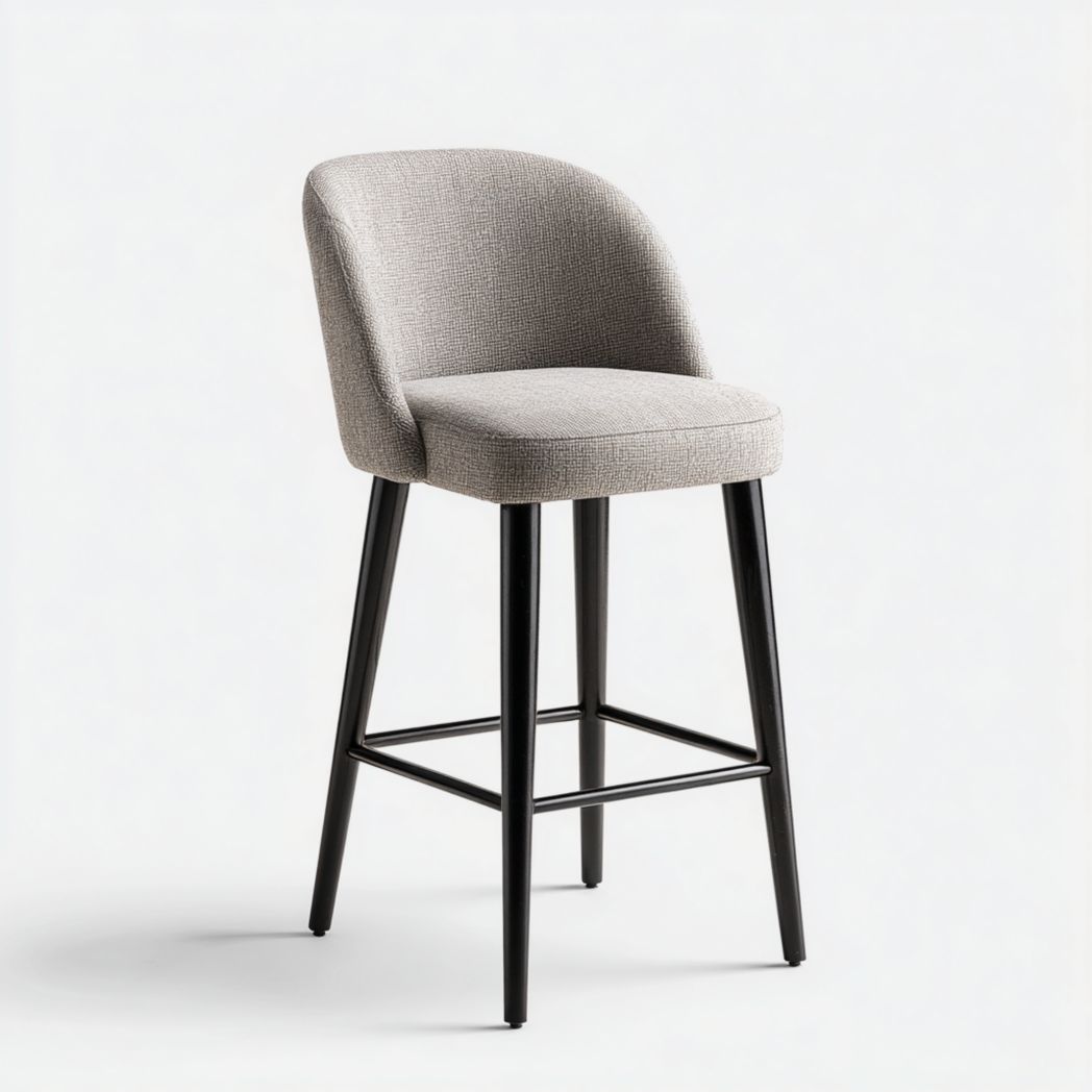 Tabouret de bar haut en tissu gris clair avec pieds en métal noir