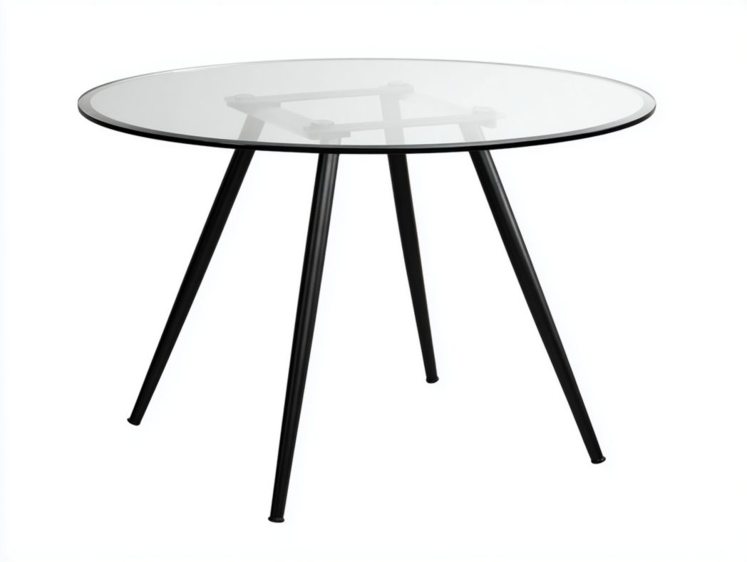 Table à manger ronde en verre trempé – Plateau transparent, pieds en métal noir