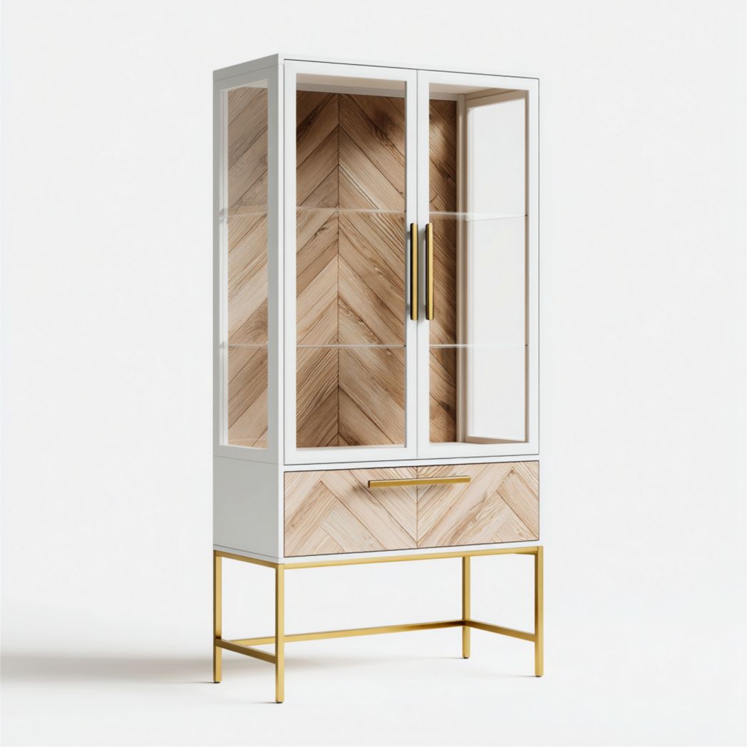 Vitrine de rangement en bois massif blanc et brun clair avec portes vitrées