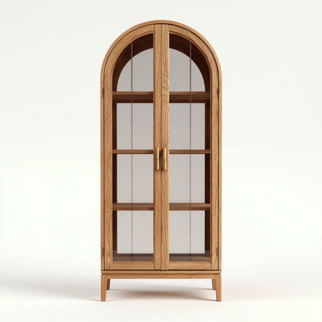 Vitrine en bois massif brun clair à portes transparentes et forme arrondie