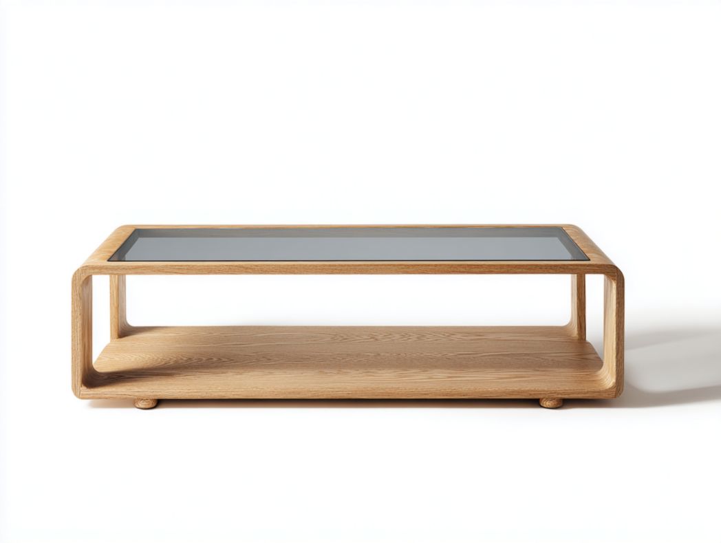 Table basse rectangulaire en bois et verre – finition brun clair