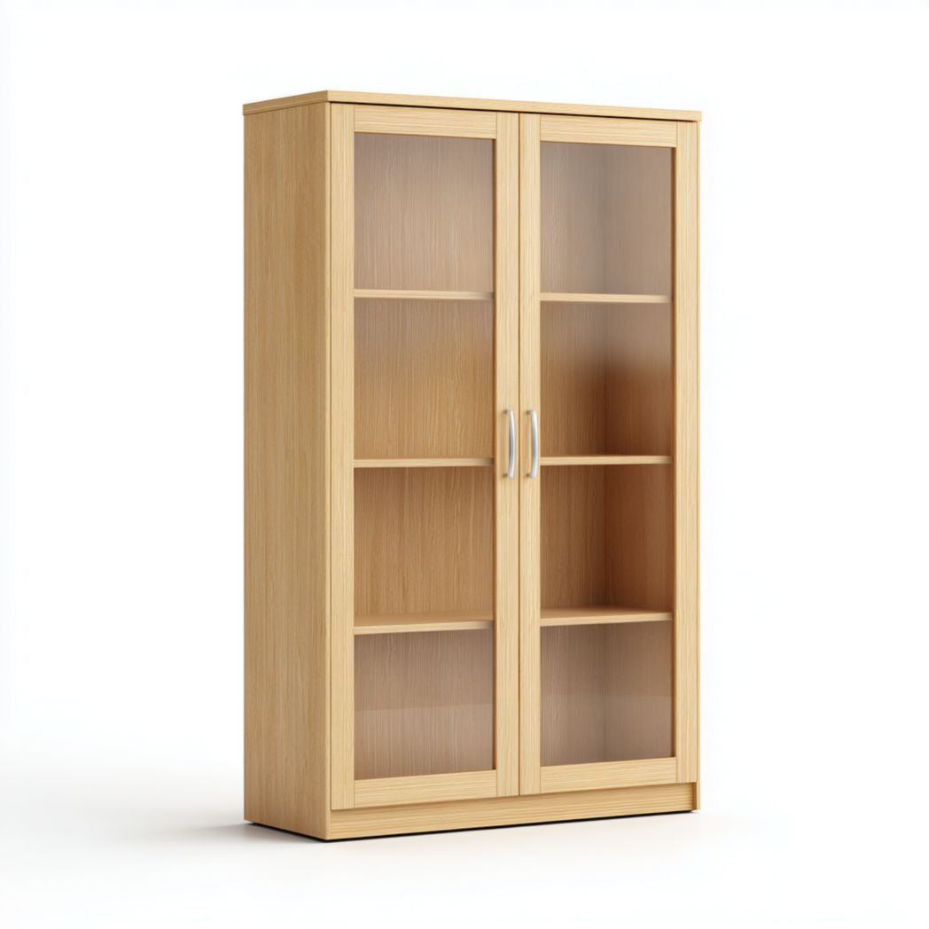 Vitrine de rangement en bois massif brun clair avec portes vitrées