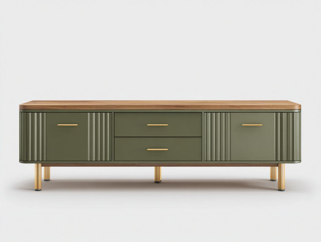 Meuble TV vert olive avec poignées dorées et plateau en bois