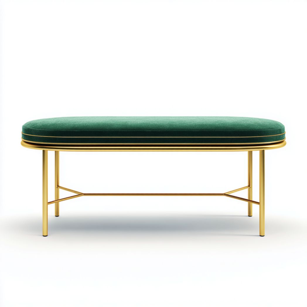 Banc avec assise en velours vert et base en métal doré