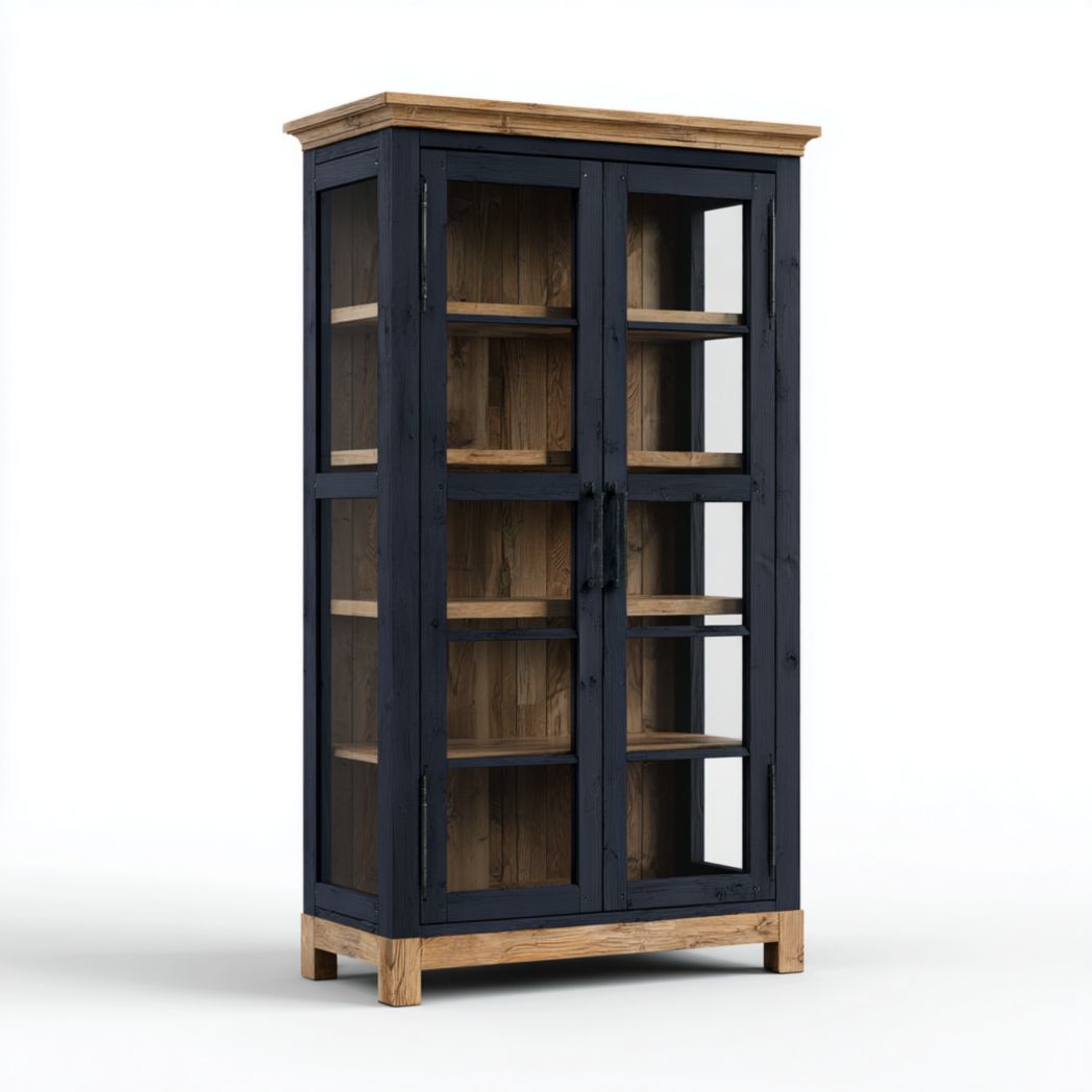 Vitrine de rangement en bois massif noir et brun clair avec portes transparentes