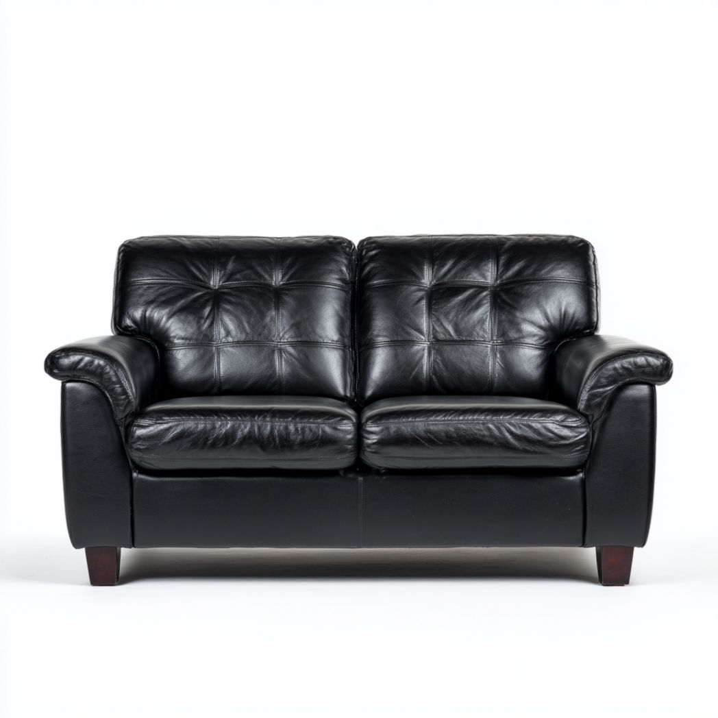 Canapé 2 places en cuir noir avec base marron foncé