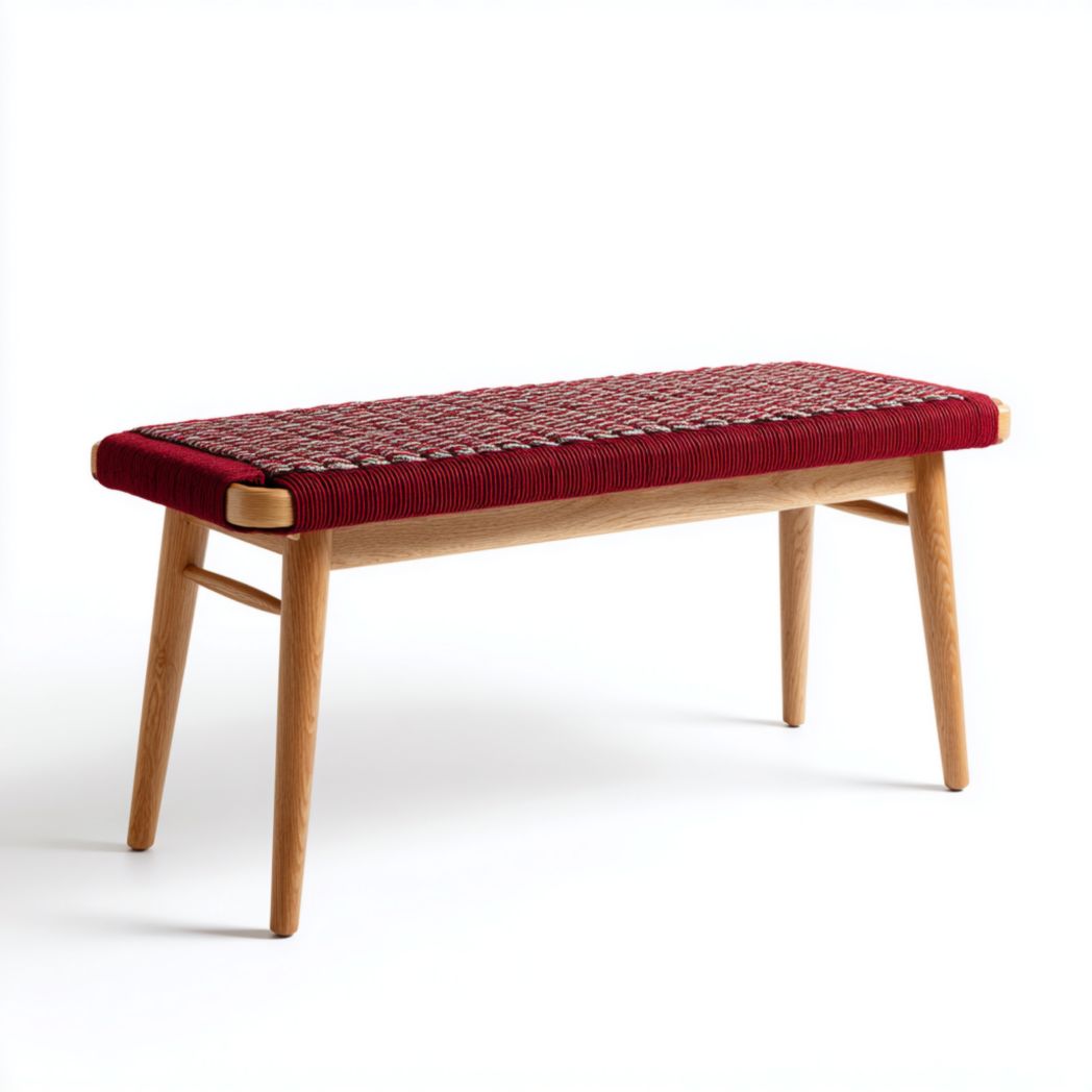 Banc en bois massif avec assise tressée rouge