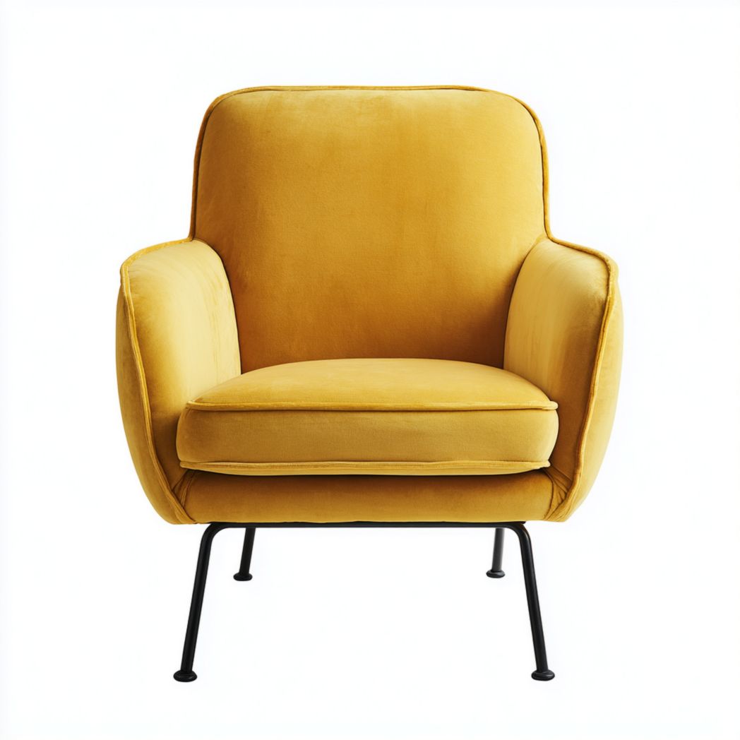 Fauteuil en velours jaune avec pieds métalliques noirs