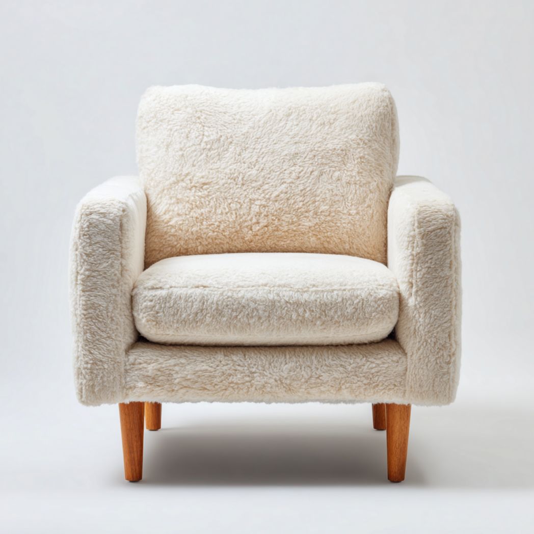 Fauteuil rembourré en tissu bouclette blanc cassé