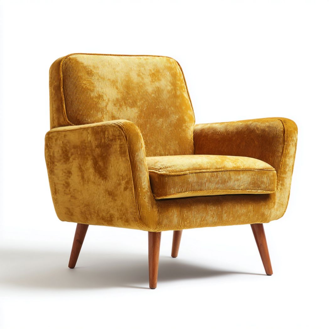 Fauteuil en velours côtelé jaune avec pieds en bois massif