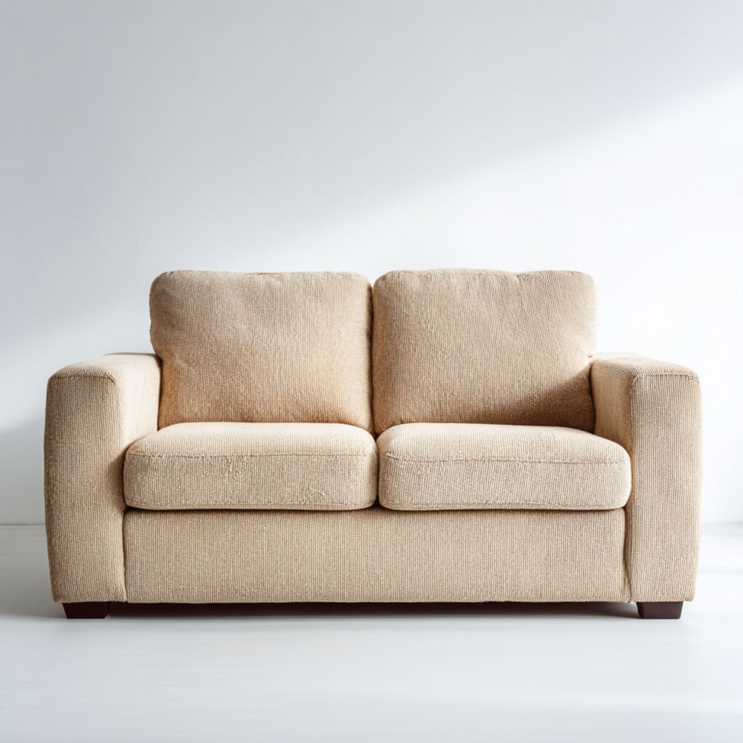 Canapé 2 places en tissu beige avec base marron foncé