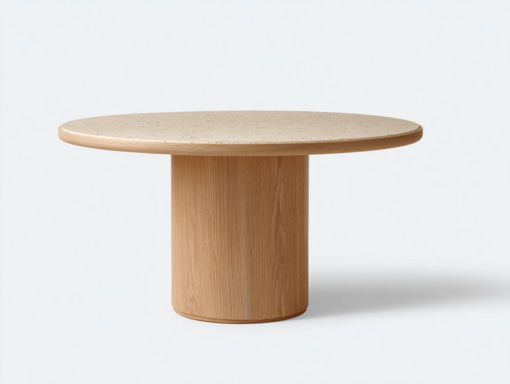 Table à manger ronde en pierre – Plateau beige et pied cylindrique en bois clair