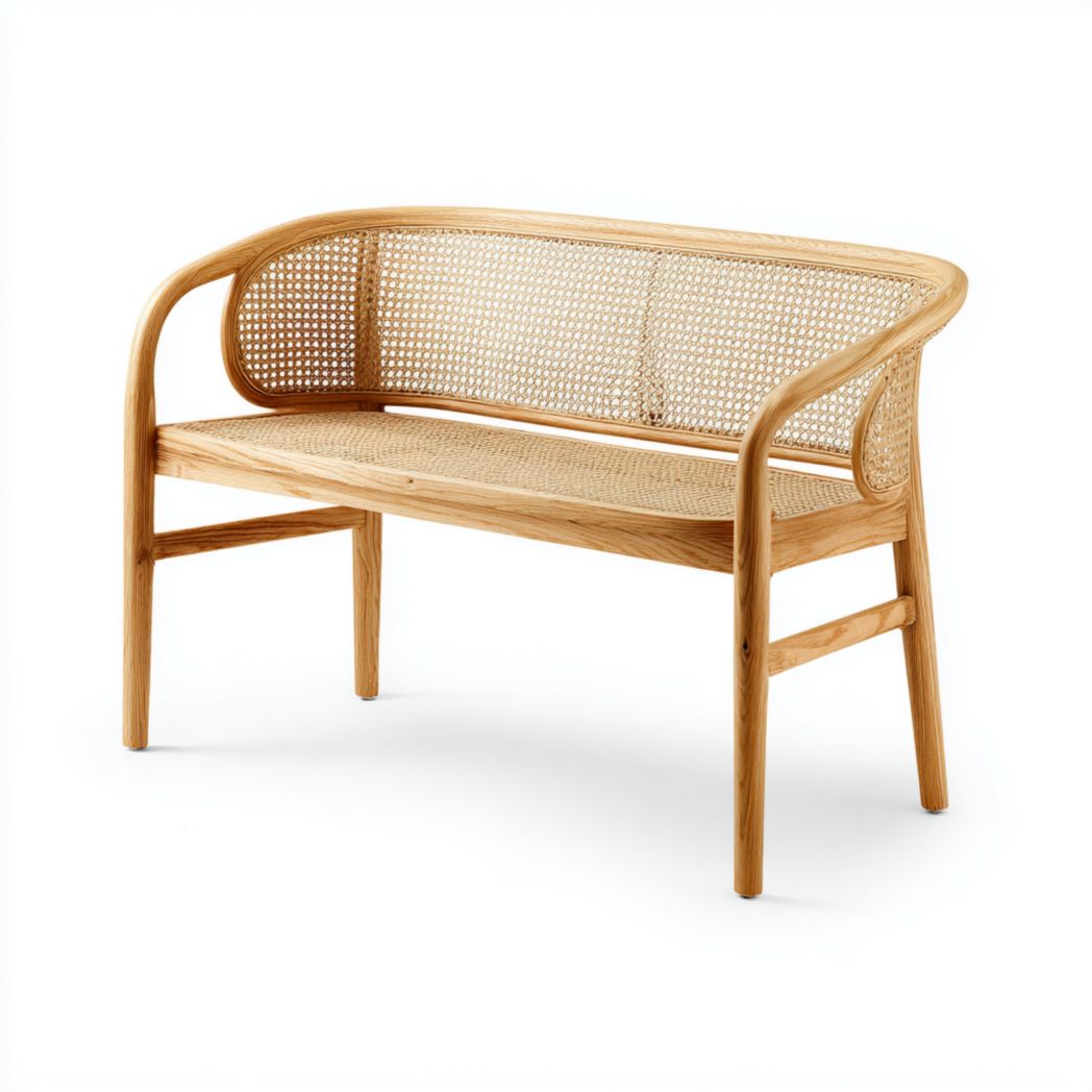 Banc en bois massif avec dossier en rotin marron clair