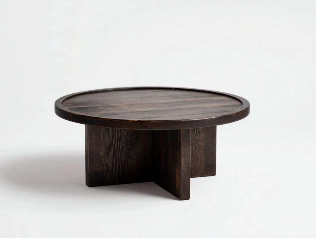 Table basse ronde en bois – finition brun foncé avec base croisée