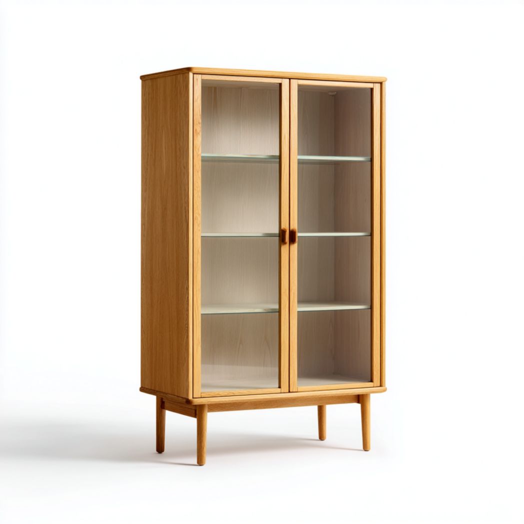 Vitrine de rangement en bois massif brun clair à portes transparentes