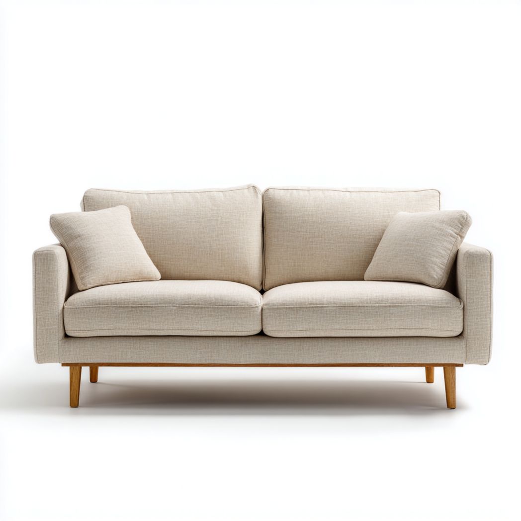 Canapé 2 places en tissu beige clair avec base marron clair et deux coussins
