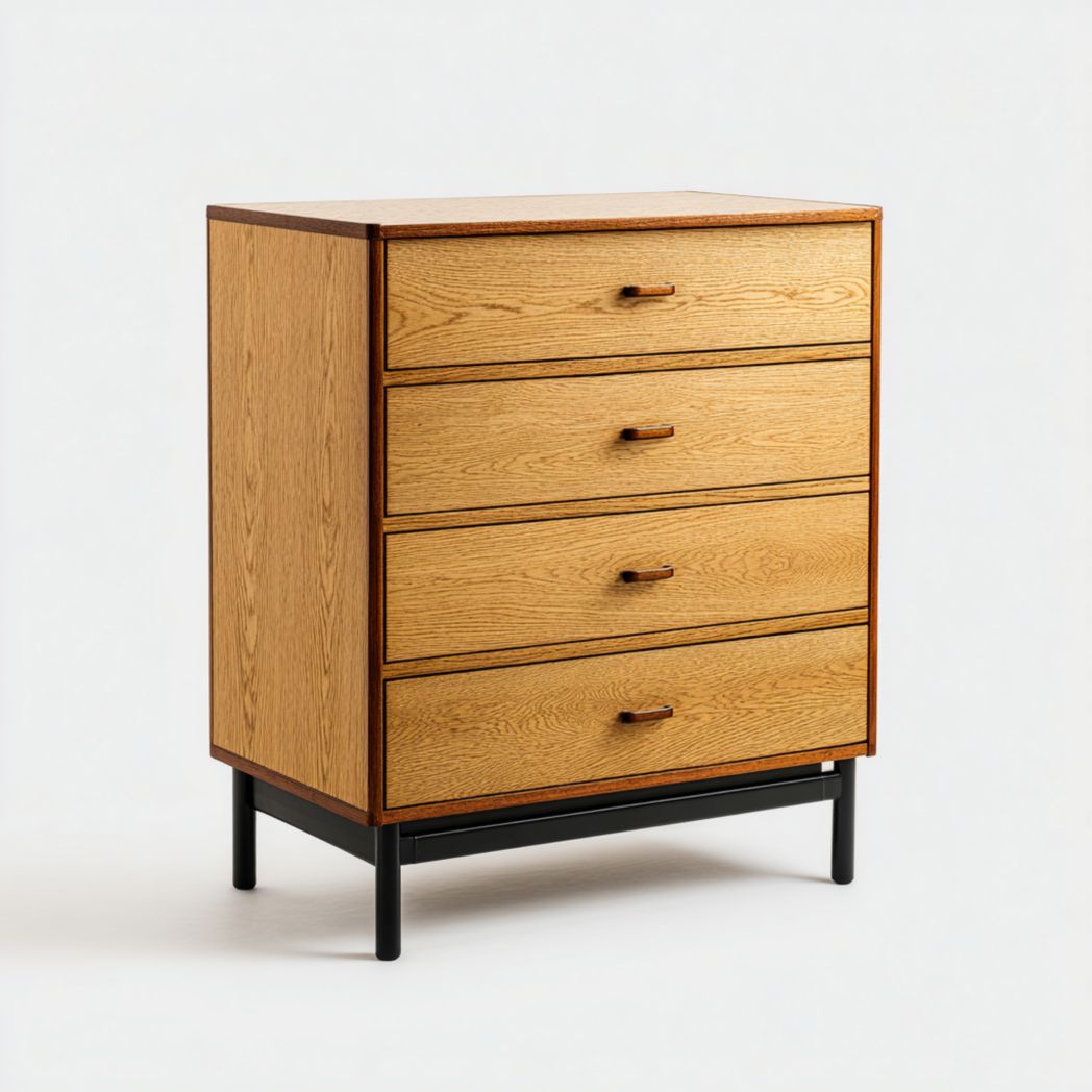 Commode en chêne à quatre tiroirs avec base métallique noire et poignées en bois marron
