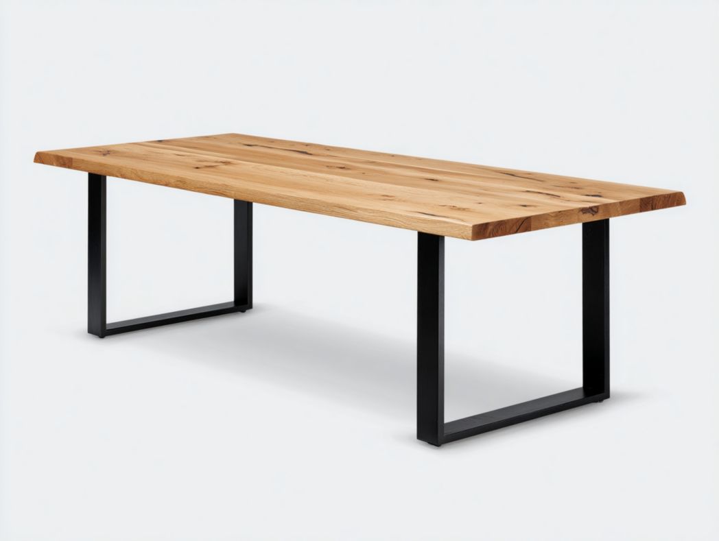 Table à manger rectangulaire en bois massif – Plateau brun clair et base en métal noir