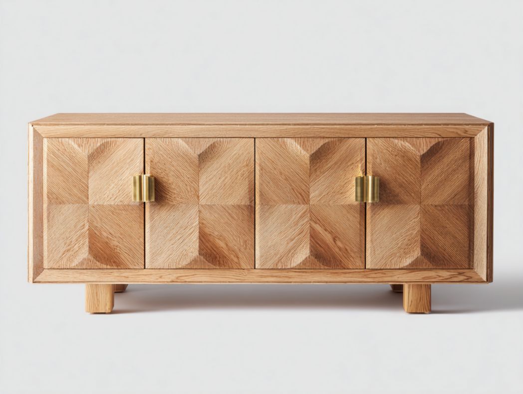 Meuble TV en bois clair avec façades sculptées et poignées dorées