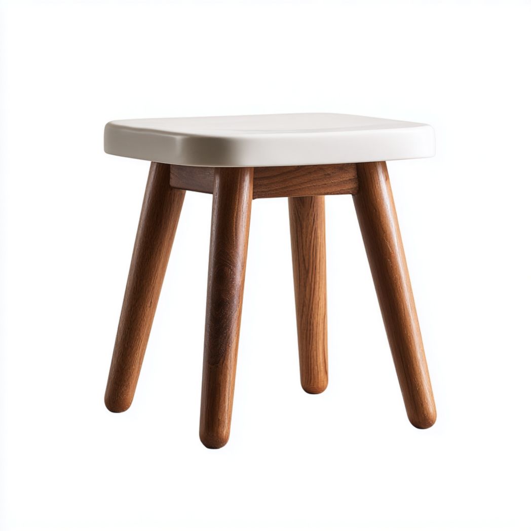 Tabouret carré beige à pieds brun châtaigne