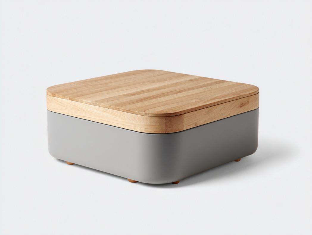 Table basse carrée – plateau en bois et base grise