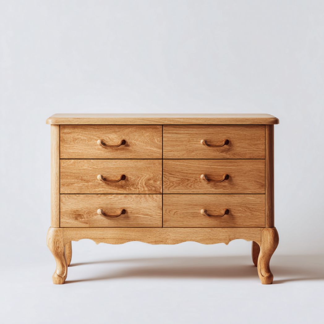 Commode en chêne à six tiroirs et poignées marron clair