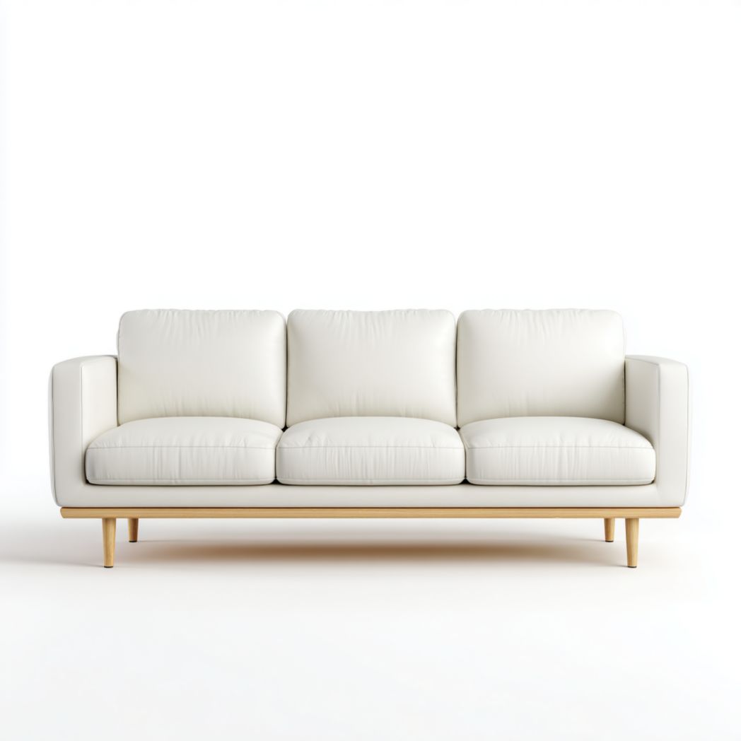 Canapé 3 places en cuir synthétique blanc avec base en bois brun clair