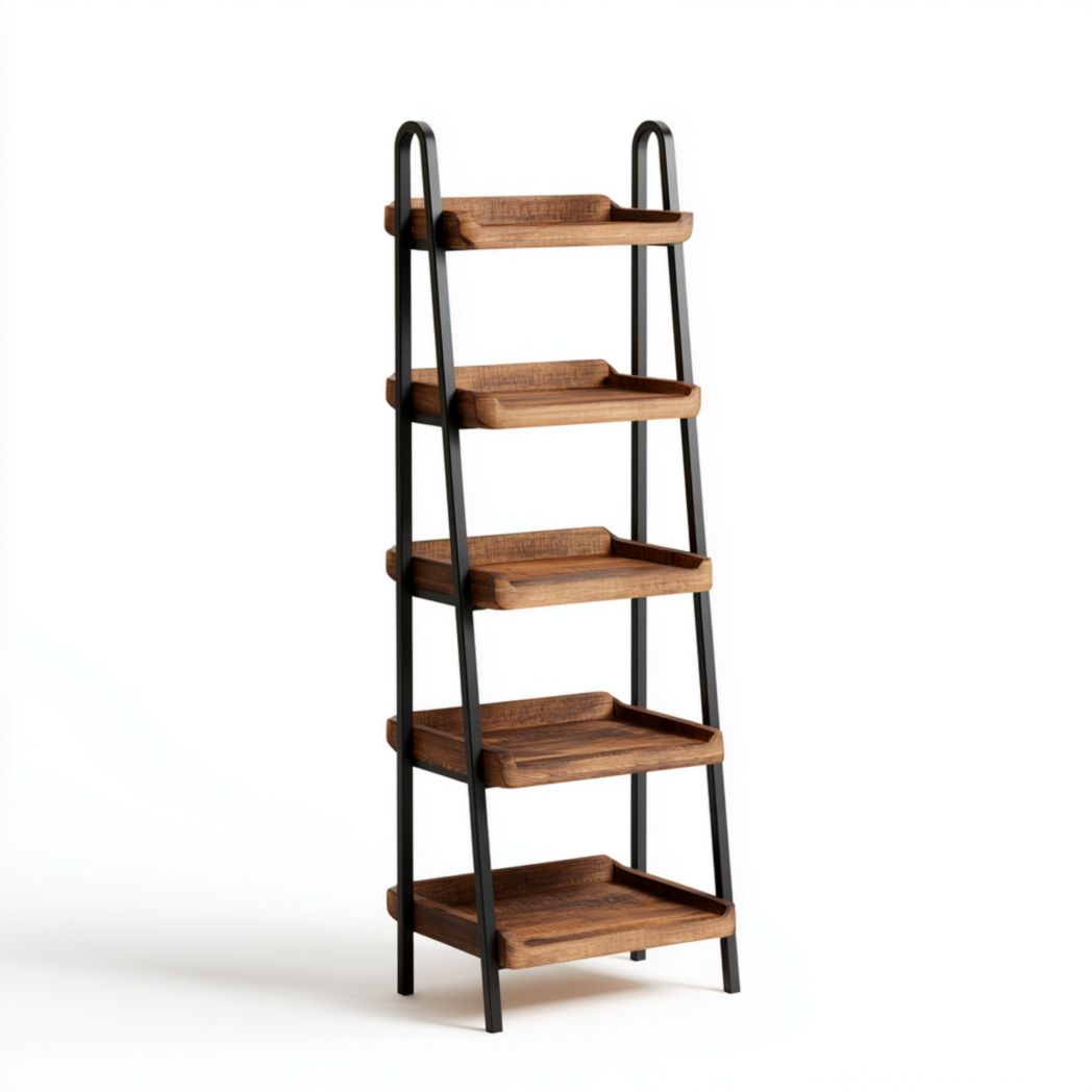 Étagère en bois noyer et métal à cinq niveaux en forme d’échelle