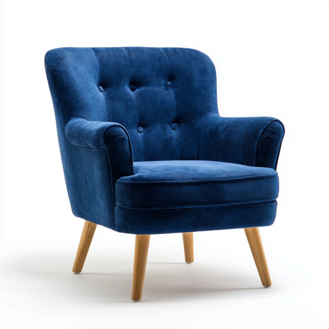 Fauteuil en velours bleu foncé avec pieds en bois