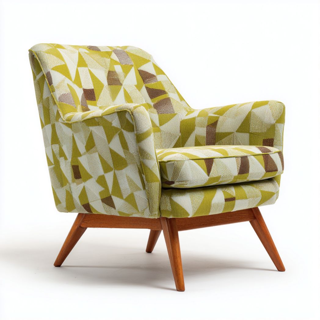 Fauteuil en tissu à motif géométrique avec pieds en bois